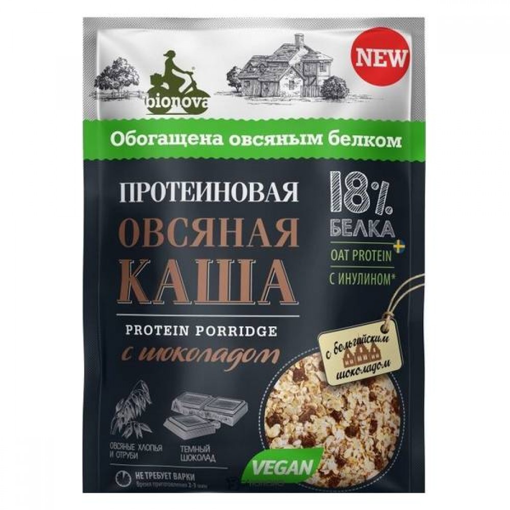 Протеиновая овсяная каша Bionova с шоколадом vegan protein быстрого приготовления 40 г 108248