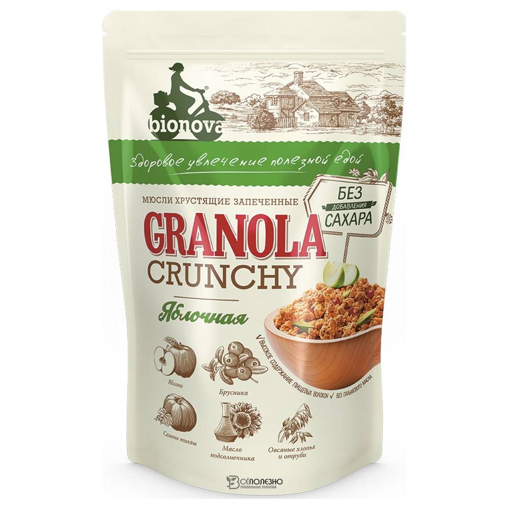 Гранола мюсли Bionova без сахара Яблочная 400г 108265