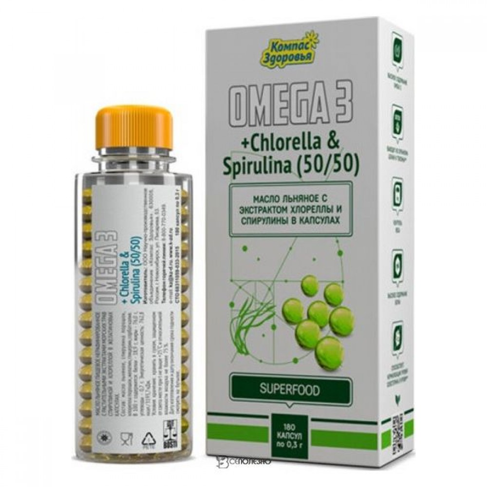 Масло Льняное пищевое нерафинированное с растительным экстрактом хлореллы и спирулины 180 капс. 110 г Компас здоровья 110342