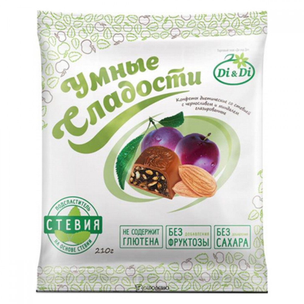 Конфеты со стевией Чернослив и миндаль глазированные Умные сладости 210 г 111167