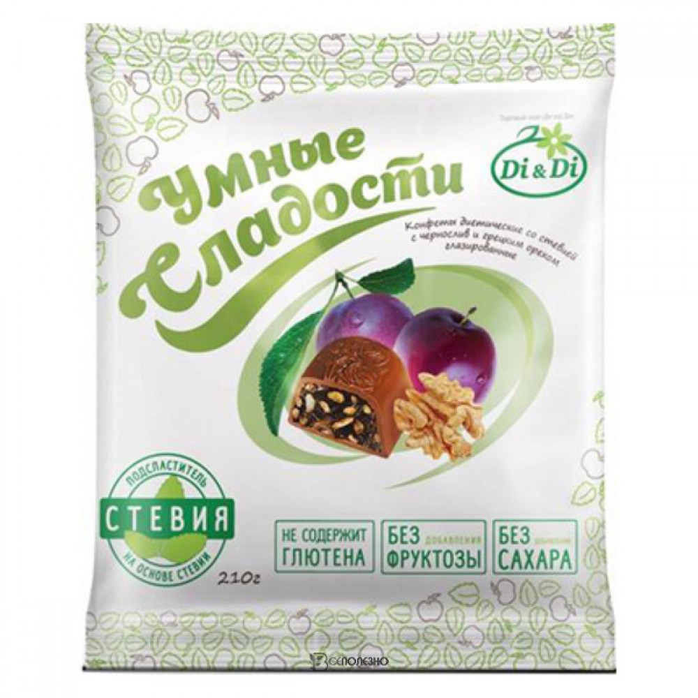Конфеты со стевией Чернослив и грецкий орех глазированные Умные сладости 210 г 111171