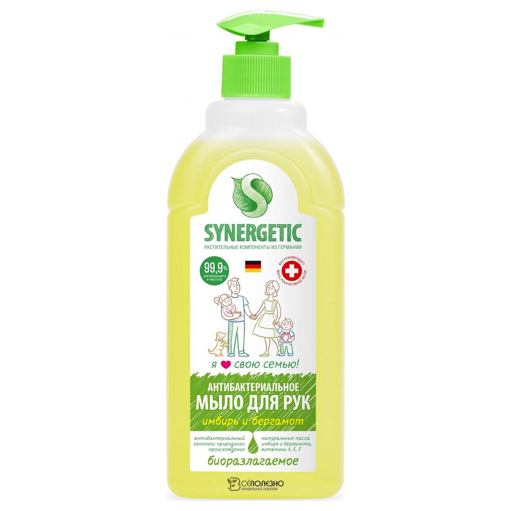 Мыло жидкое для мытья рук и тела Имбирь и бергамот ультразащита 99,9% 1000 мл SYNERGETIC 1136066