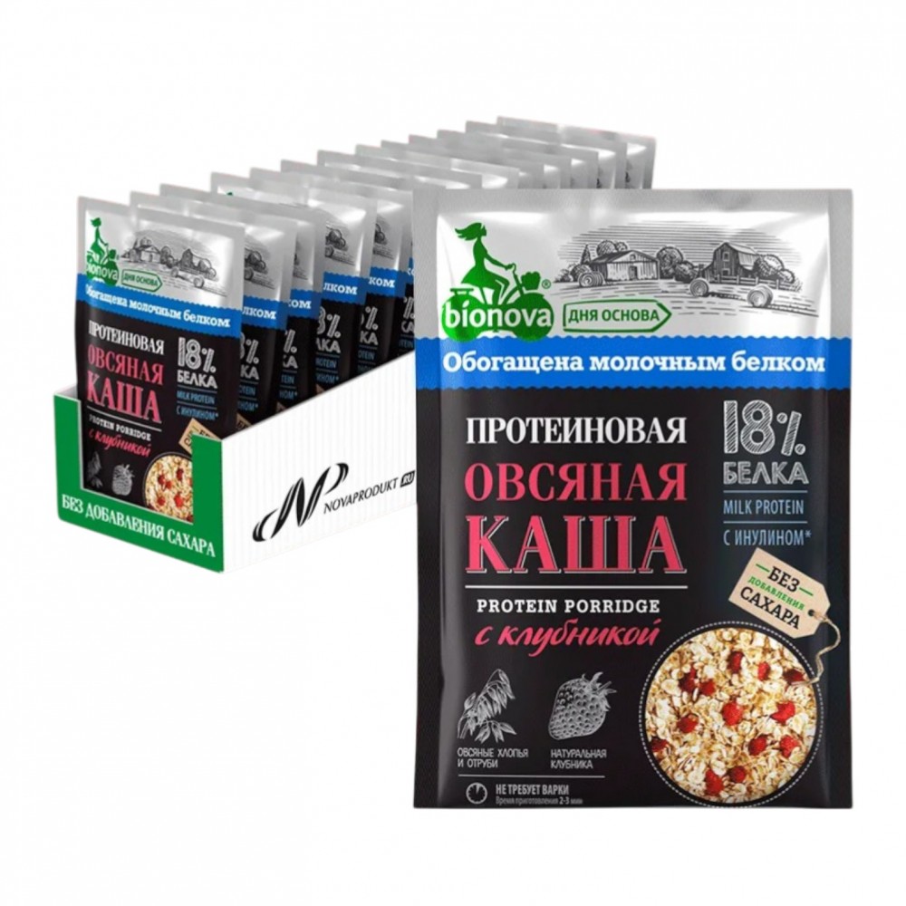 Овсяная каша с клубникой milk protein бокс 18 шт по 40 г BIONOVA 116652