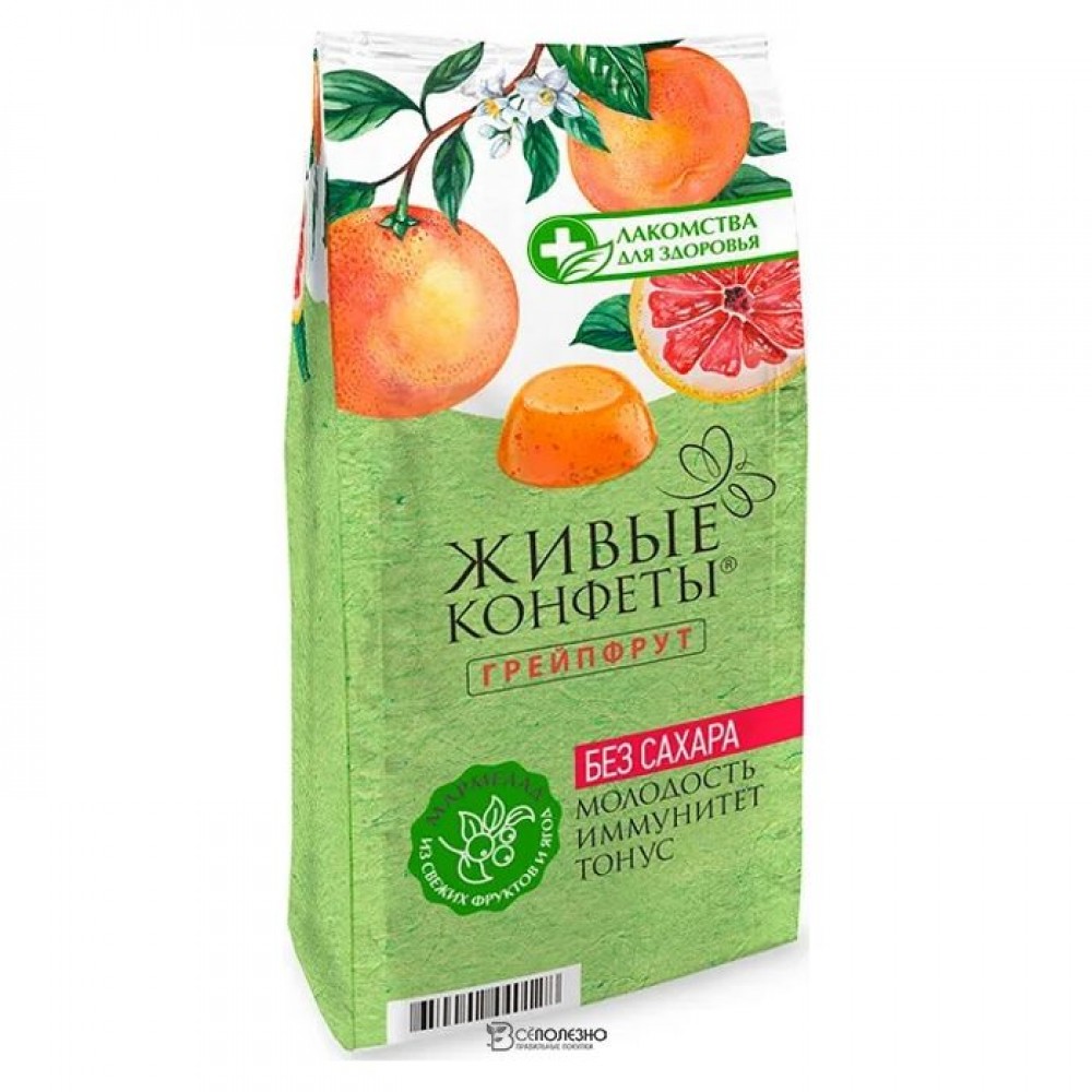 Мармелад желейный на фруктозе Живые конфеты из свежих фруктов грейпфрут Лакомства для здоровья 170 г 111179